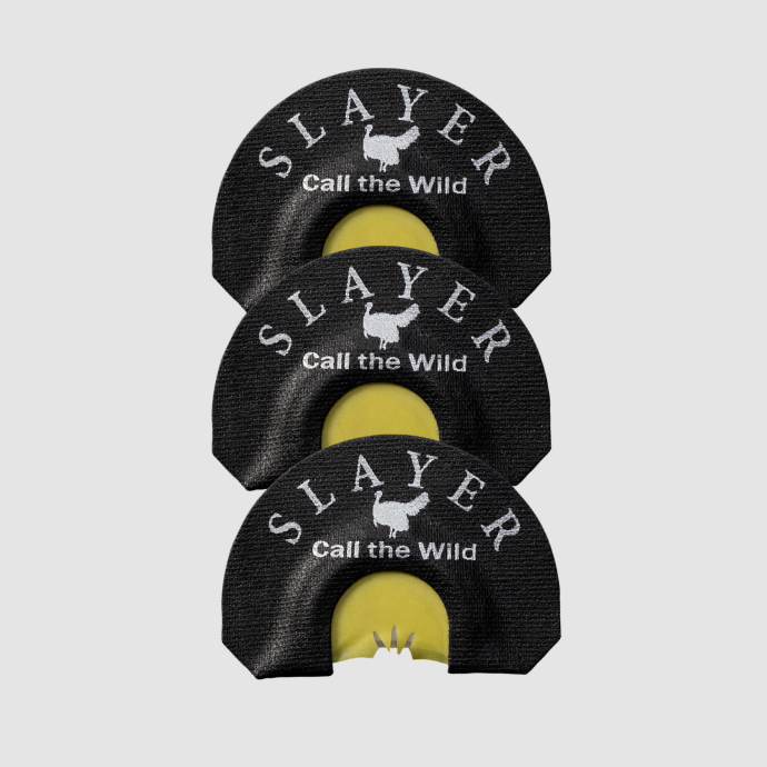 Slayer Snake Bite 3-pack. Three black and yellow turkey reeds with Slayer Call the Wild print on a light grey background.