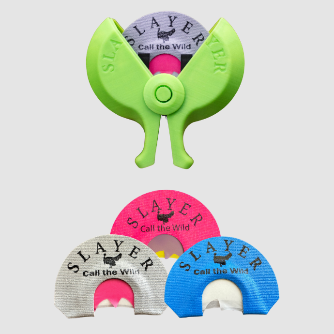 Slayer Calls Reed PAC’r with turkey diaphragm calls: Grey Batwing, Quad Hen, the Cutter, and Fang Cutter mouth calls displayed on a white background.