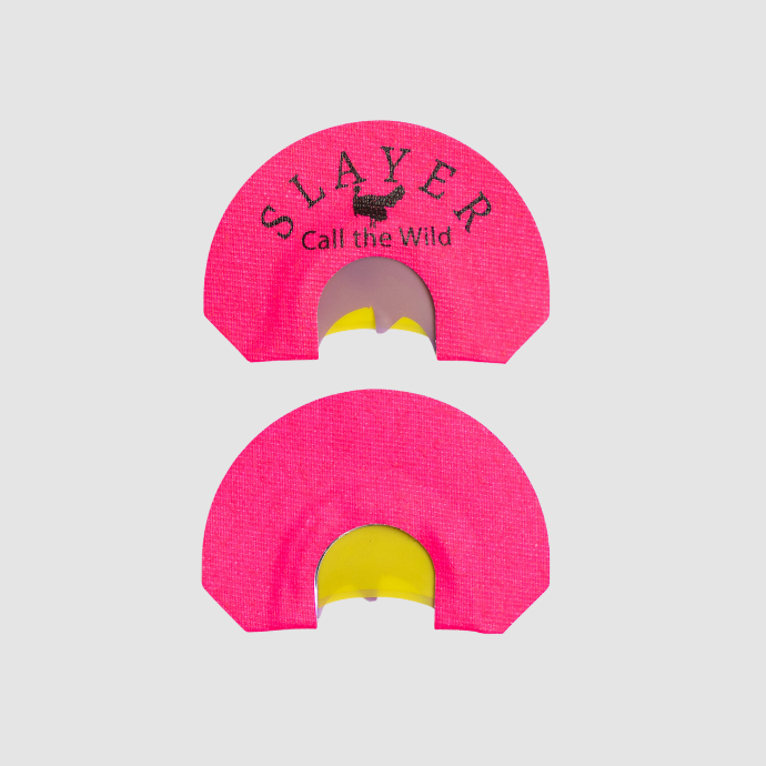 Two pink turkey mouth reeds with 'Slayer Call the Wild' branding on a light gray background.