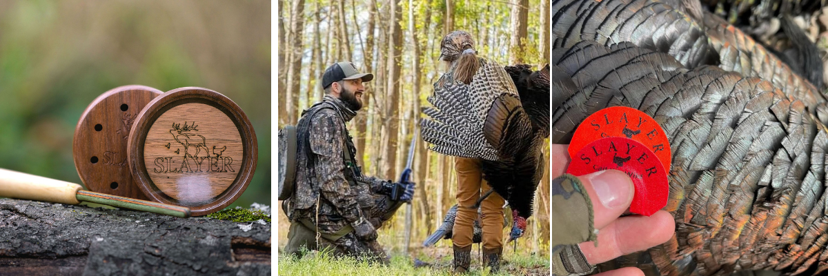 Collage of a turkey hunter with a harvested turkey, turkey pot call with striker and close-up of a call against turkey feathers. 