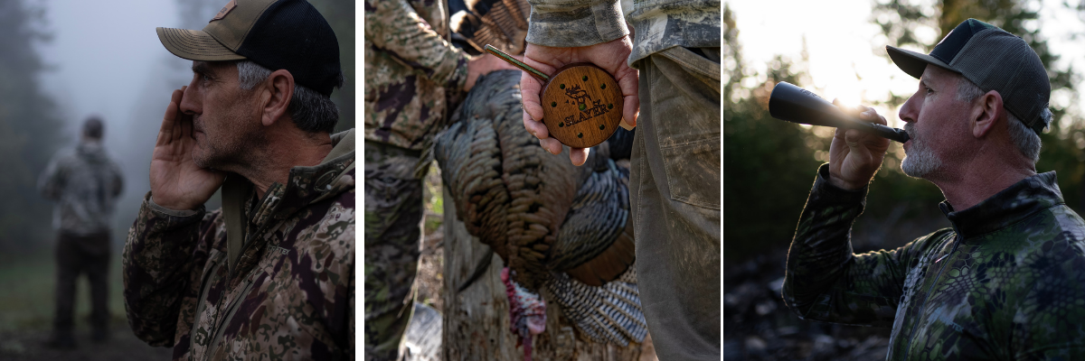 Turkey hunters in the field shown running different turkey calls from Slayer—turkey mouth calls, the Crystal Queen Pot Call and the Gobbler Slayer push button call. 