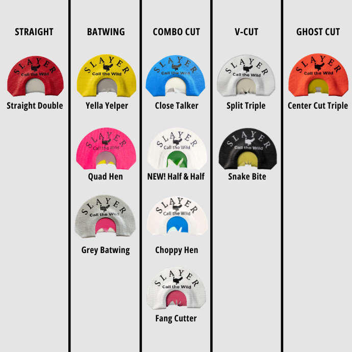 Collection of Slayer call designs with various cut styles on a white background