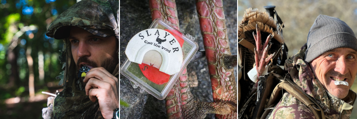 Three images: a person in camouflage running Slayer's snake bite turkey mouth call, a Slayer acrylic box with two v cut diaphragms, and a Slayer hunter with a harvested turkey on his shoulder.