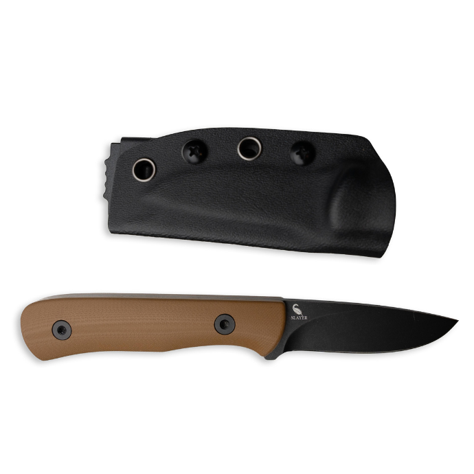 Bird knife with brown handle and black blade, accompanied by a black sheath on a white background.