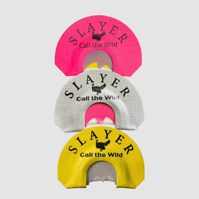 Three turkey mouth calls with 'SLAYER Call the Wild' branding on a light gray background.