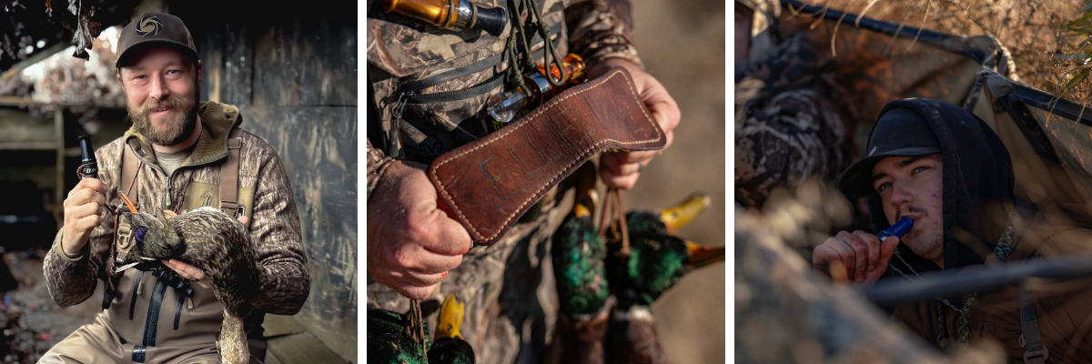Three images of duck hunters in the field with Slayer's yolo bypass hybrid duck call. 