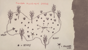 The Random Placement duck decoy spread layout - hand-drawn