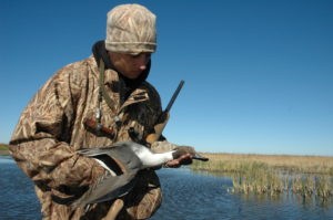 Duck hunter holding pintail duck in hands