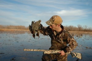 Duck identification: Duck hunter holding green wing teal duck