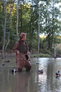 Hunter setting out decoys for hunting wood ducks