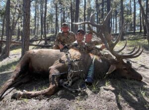 Chance Robbins and two other elk hunters pictured with a bull down using Slayer's ArchAngel acrylic elk call in green marsh