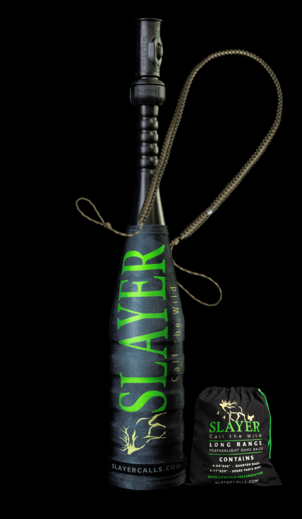 The Enchantress Hunting Collection shown with the enchantress external elk call attached to the swagger bugle tube, bugle strap and elk game bags