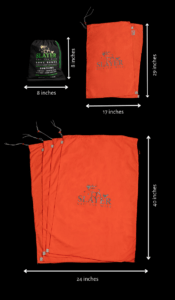 Elk game bags in hunter's orange show on black background and sizing