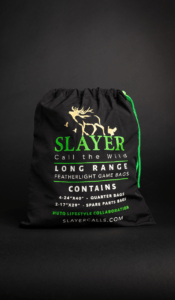 Elk game bags by Slayer Calls shown packaged on black background