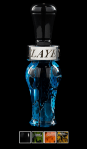 Ranger acrylic duck call in blue featured against a black background and color swatches