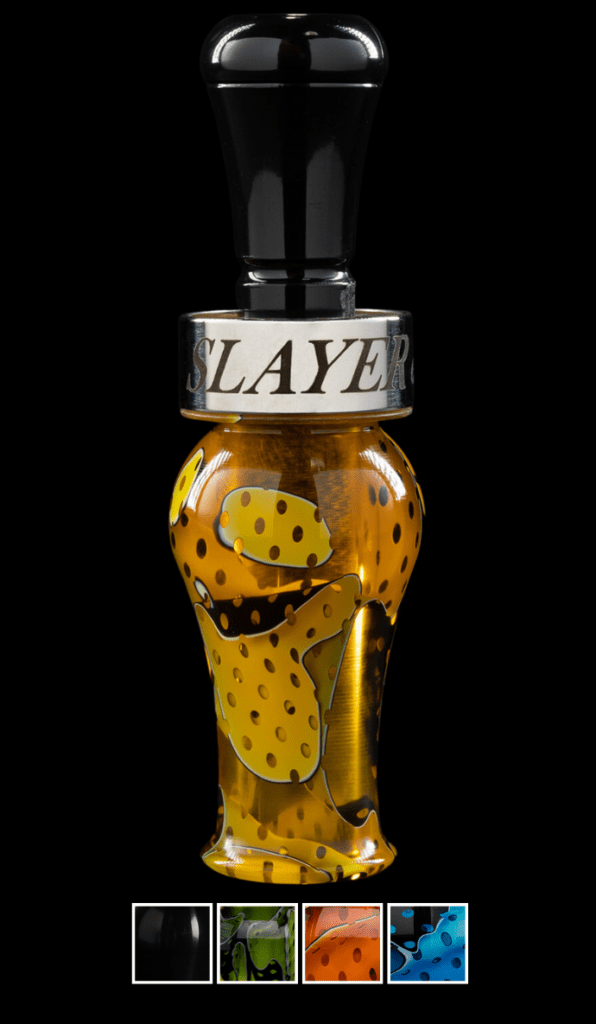 Ranger acrylic duck call in yellow featured against a black background and color swatches