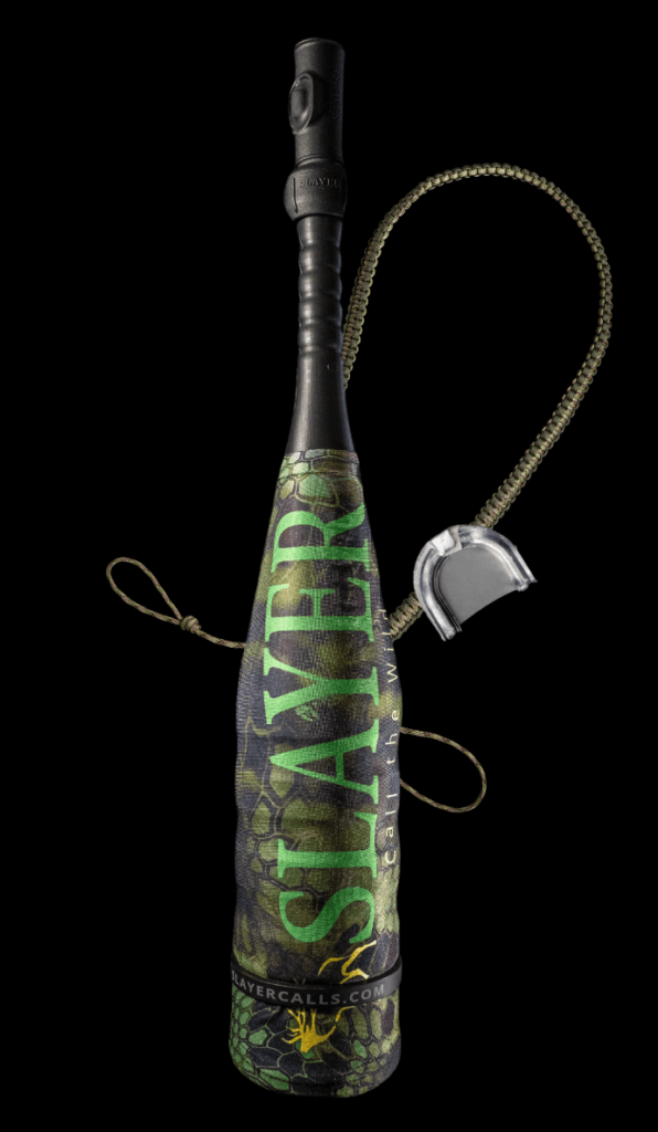 Enchantress cow call + Swagger elk bugle tube in Kryptek Altitude camo cover, with paracord strap and extra reed