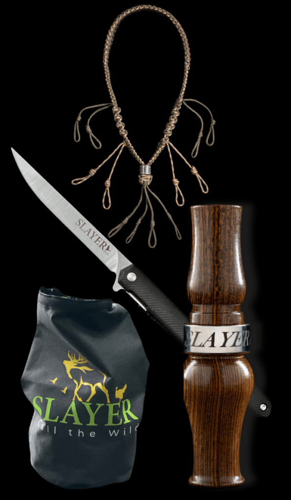 The Axe Hunting Pack from Slayer Calls with the Axe wood honker call displayed with the Slayer Field Dressing Knife, Prostyle Lanyard and the Slayer ammo dry bag