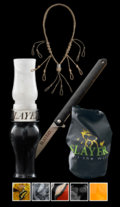 Shop the Honker Collection from Slayer Calls, Honker in white and black pearl shown with Slayer's dressing knife, waterfowl lanyard and ammo dry bag