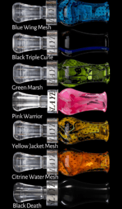 Slayer Calls line up of Drake Slayer duck calls in every color variation - blue, black, green, pink, yellow, and orange
