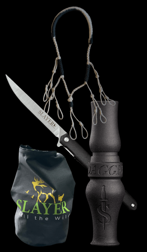 The Goose Bundle for Beginners Collection featured with Slayer's Dagger goose call, HUTO field dressing knife, Slayer lanyard and ammo dry bag