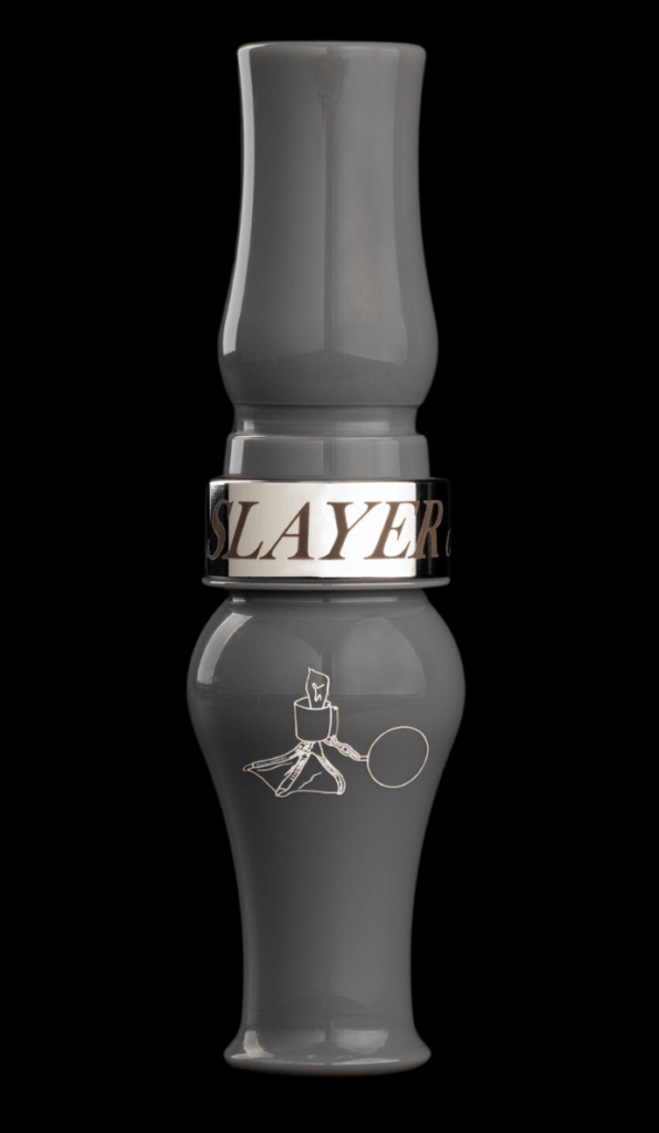Flat Iron Goose Call, designed for hunting Canada Geese - pictured in flat grey with custom engraving on barrel