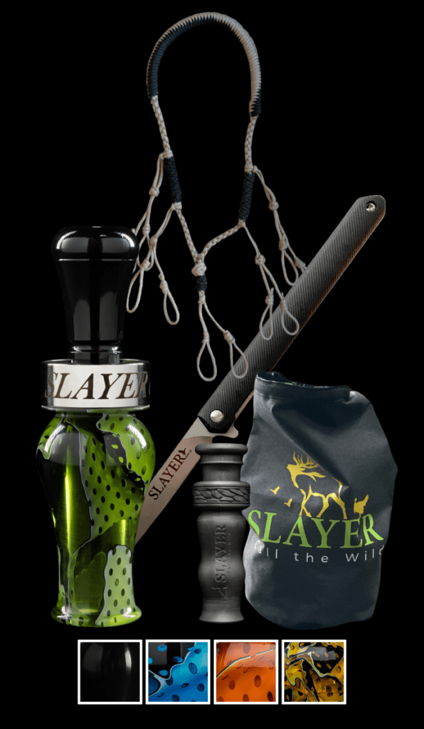 Field & Stream duck hunting collection featuring Slayer's Ranger duck call, Field Dresser Knife, 4-in-1 duck whistle, Slayer's own lanyard and an ammo dry bag