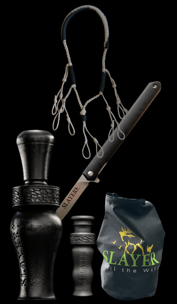 The Duck Hunter’s Collection for Beginners. Contains the Mallard Reaper call, Mother’s Whistler 4-in-1 duck whistle, Slayer Lanyard, Field Dresser Knife and ammo dry bag.