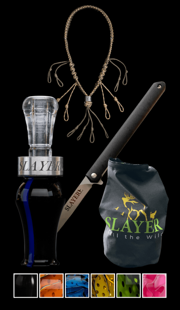 Tried & True duck hunting collection featuring Slayer's Drake Slayer, Field Dresser Knife, 4-in-1 duck whistle, Slayer's own lanyard and an ammo dry bag