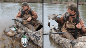 duck hunter shown with decoys in camo boat: Hunting on interior rivers