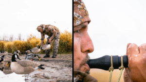 Decoys and Canada geese - hunter setting out decoys and Slayer team member Tommy Sessions on teh Dagger goose call